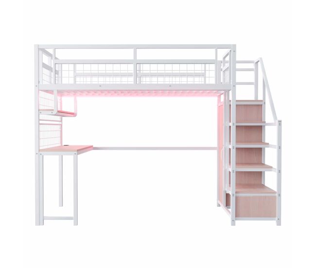 Cama alta metálica 140 x 200 cm - con escalera de almacenamiento, armario, estantes, mesa, estantería de red, tira de luz y enchufe - blanco