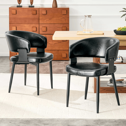 Cadeiras de jantar (2 unidades) - Estilo Mid Century Modern, cadeiras retro com braços curvos, encosto estampado e estofo em couro sintético - Preto Cadeiras de jantar (2 unidades) - Estilo Mid Century Modern, cadeiras retro com braços curvos, encosto estampado e estofo em couro sintético - Preto
