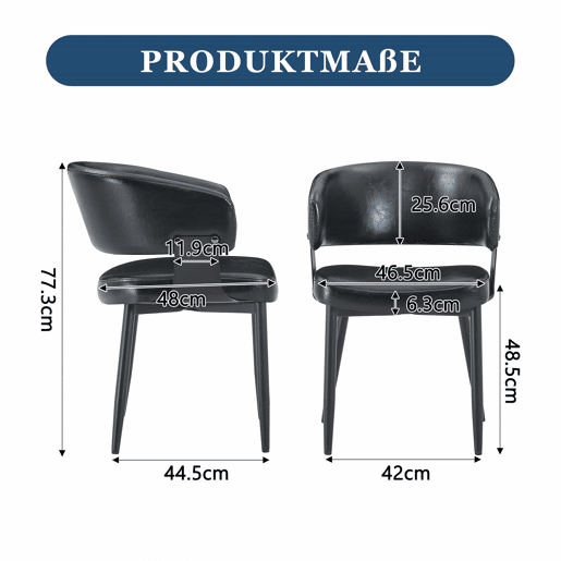 Cadeiras de jantar (2 unidades) - Estilo Mid Century Modern, cadeiras retro com braços curvos, encosto estampado e estofo em couro sintético - Preto Cadeiras de jantar (2 unidades) - Estilo Mid Century Modern, cadeiras retro com braços curvos, encosto estampado e estofo em couro sintético - Preto