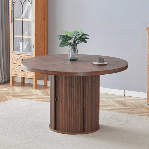 Mesa de jantar redonda 115 x 115 x 74 cm u2014 com espaço de arrumação, pé central com armário, estilo escandinavo moderno u2014 nogueira Mesa de jantar redonda 115 x 115 x 74 cm u2014 com espaço de arrumação, pé central com armário, estilo escandinavo moderno u2014 nogueira