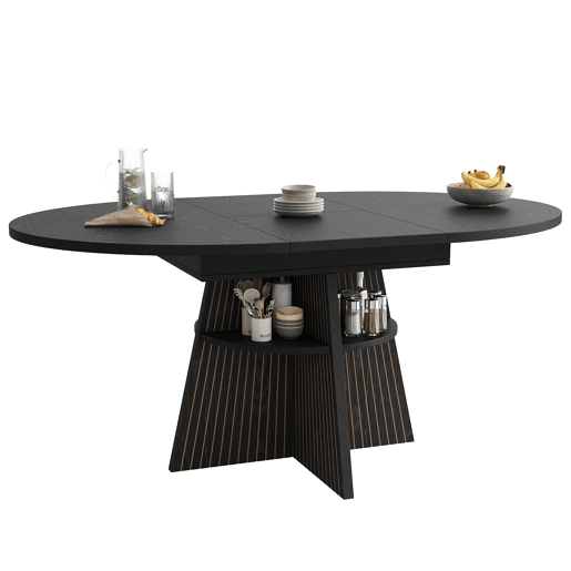 Mesa de jantar extensível - com compartimento de arrumação aberto nas pernas, design multifuncional que poupa espaço para a sala de estar e de jantar, tampo reforçado, cantos arredondados - Preto Mesa de jantar extensível - com compartimento de arrumação aberto nas pernas, design multifuncional que poupa espaço para a sala de estar e de jantar, tampo reforçado, cantos arredondados - Preto