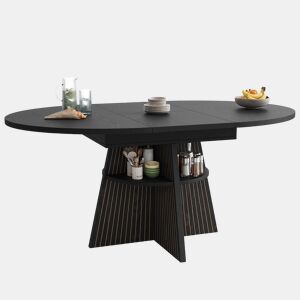 Mesa de jantar extensível - com compartimento de arrumação aberto nas pernas, design multifuncional que poupa espaço para a sala de estar e de jantar, tampo reforçado, cantos arredondados - Preto