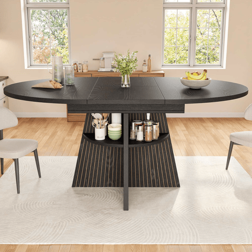 Mesa de jantar extensível - com compartimento de arrumação aberto nas pernas, design multifuncional que poupa espaço para a sala de estar e de jantar, tampo reforçado, cantos arredondados - Preto Mesa de jantar extensível - com compartimento de arrumação aberto nas pernas, design multifuncional que poupa espaço para a sala de estar e de jantar, tampo reforçado, cantos arredondados - Preto