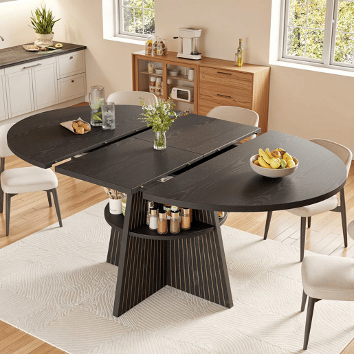 Mesa de jantar extensível - com compartimento de arrumação aberto nas pernas, design multifuncional que poupa espaço para a sala de estar e de jantar, tampo reforçado, cantos arredondados - Preto Mesa de jantar extensível - com compartimento de arrumação aberto nas pernas, design multifuncional que poupa espaço para a sala de estar e de jantar, tampo reforçado, cantos arredondados - Preto