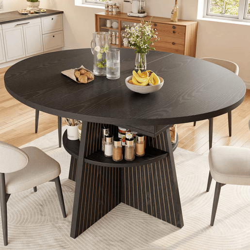 Mesa de jantar extensível - com compartimento de arrumação aberto nas pernas, design multifuncional que poupa espaço para a sala de estar e de jantar, tampo reforçado, cantos arredondados - Preto Mesa de jantar extensível - com compartimento de arrumação aberto nas pernas, design multifuncional que poupa espaço para a sala de estar e de jantar, tampo reforçado, cantos arredondados - Preto