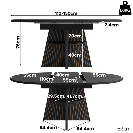 Mesa de jantar extensível - com compartimento de arrumação aberto nas pernas, design multifuncional que poupa espaço para a sala de estar e de jantar, tampo reforçado, cantos arredondados - Preto Mesa de jantar extensível - com compartimento de arrumação aberto nas pernas, design multifuncional que poupa espaço para a sala de estar e de jantar, tampo reforçado, cantos arredondados - Preto