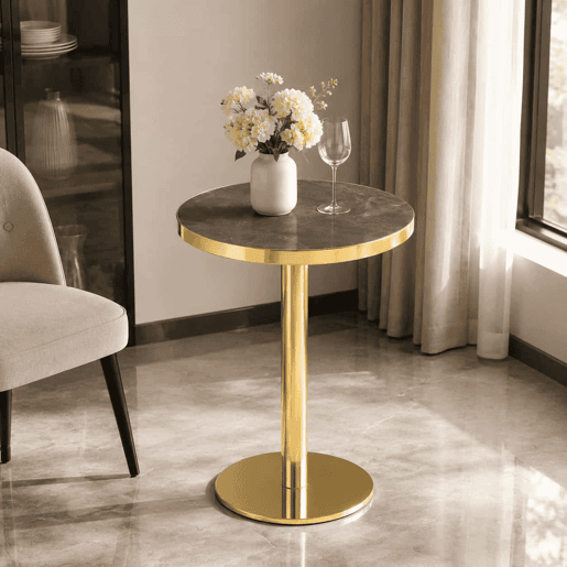 Mesa auxiliar redonda 60x60x73,5 cm u2014 com estrutura em aço inoxidável dourado e tampo com efeito de mármore, design de luxo u2014 cinzento e dourado Mesa auxiliar redonda 60x60x73,5 cm u2014 com estrutura em aço inoxidável dourado e tampo com efeito de mármore, design de luxo u2014 cinzento e dourado