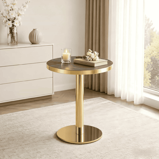 Mesa auxiliar redonda 60x60x73,5 cm u2014 com estrutura em aço inoxidável dourado e tampo com efeito de mármore, design de luxo u2014 cinzento e dourado Mesa auxiliar redonda 60x60x73,5 cm u2014 com estrutura em aço inoxidável dourado e tampo com efeito de mármore, design de luxo u2014 cinzento e dourado