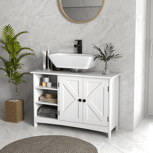 Armário de pia independente com 2 portas e prateleiras ajustáveis anti-tombamento, estilo moderno, 90x30x60 cm, branco Armário de pia independente com 2 portas e prateleiras ajustáveis anti-tombamento, estilo moderno, 90x30x60 cm, branco