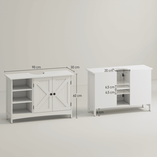 Armário de pia independente com 2 portas e prateleiras ajustáveis anti-tombamento, estilo moderno, 90x30x60 cm, branco Armário de pia independente com 2 portas e prateleiras ajustáveis anti-tombamento, estilo moderno, 90x30x60 cm, branco