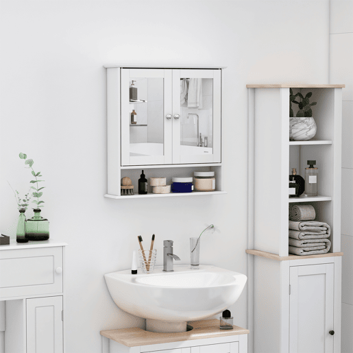 Armário de banheiro com espelho, montado na parede, 2 portas, 3 prateleiras, armário de parede para cozinha, banheiro e sala de estar, em MDF resistente e fácil de limpar, branco, 56 x 13 x 58 cm Armário de banheiro com espelho, montado na parede, 2 portas, 3 prateleiras, armário de parede para cozinha, banheiro e sala de estar, em MDF resistente e fácil de limpar, branco, 56 x 13 x 58 cm