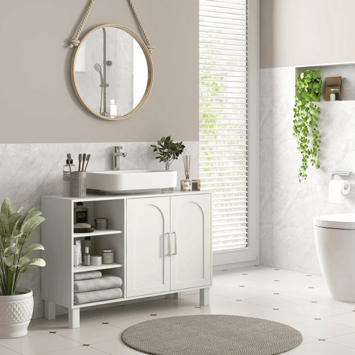 Móvel de banheiro moderno com 2 portas e prateleiras ajustáveis, 90x30x63 cm, creme Móvel de banheiro moderno com 2 portas e prateleiras ajustáveis, 90x30x63 cm, creme