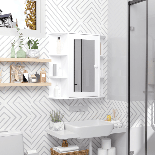 Armário de banheiro com espelho, armário suspenso para vaso sanitário com 1 porta, 2 prateleiras internas e 6 prateleiras laterais para sala de estar, cozinha e quarto, 66x17x63 cm, branco Armário de banheiro com espelho, armário suspenso para vaso sanitário com 1 porta, 2 prateleiras internas e 6 prateleiras laterais para sala de estar, cozinha e quarto, 66x17x63 cm, branco