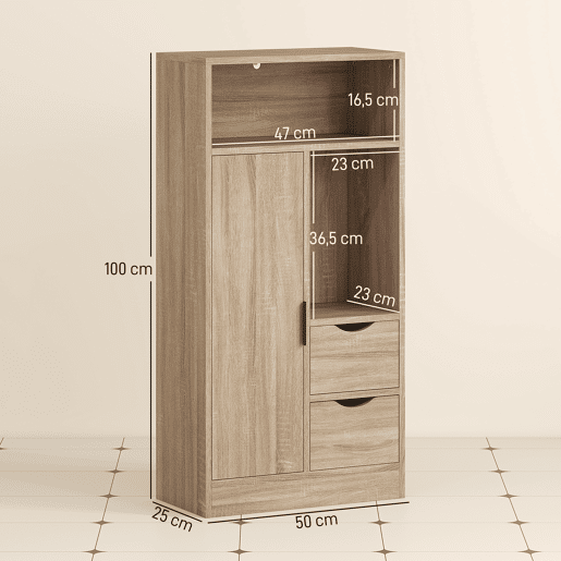 Armário de banheiro com 2 gavetas, compartimento aberto e prateleiras ajustáveis para espaços pequenos, 50x25x100 cm, natural Armário de banheiro com 2 gavetas, compartimento aberto e prateleiras ajustáveis para espaços pequenos, 50x25x100 cm, natural