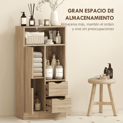 Armário de banheiro com 2 gavetas, compartimento aberto e prateleiras ajustáveis para espaços pequenos, 50x25x100 cm, natural Armário de banheiro com 2 gavetas, compartimento aberto e prateleiras ajustáveis para espaços pequenos, 50x25x100 cm, natural