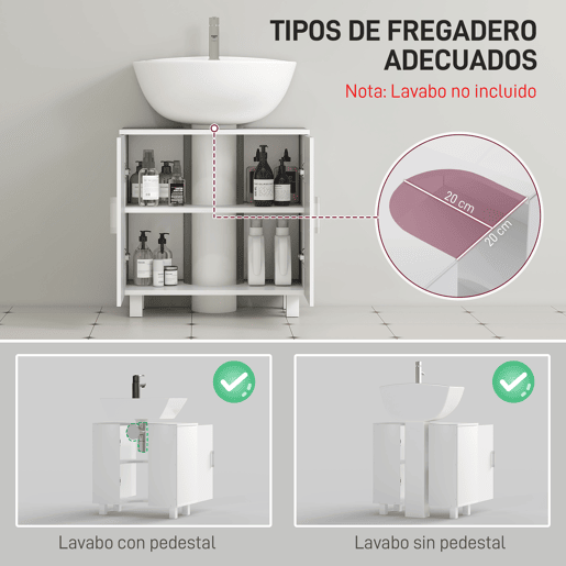 Armário para pia com 2 portas, 2 prateleiras e sistema anti-tombamento para banheiro, 60x35x60 cm, branco Armário para pia com 2 portas, 2 prateleiras e sistema anti-tombamento para banheiro, 60x35x60 cm, branco
