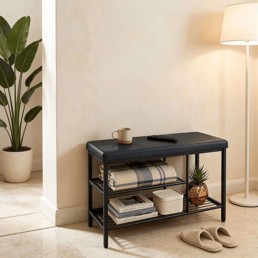 Banco Zapatero 80 cm - com assento almofadado e espaço de arrumação compacto - Preto