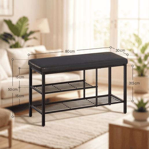 Banco Zapatero 80 cm - com assento almofadado e espaço de arrumação compacto - Preto