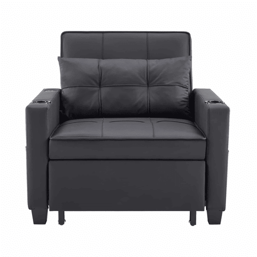 Sofá-cama individual de 1 lugar - conversível 3 em 1 com encosto reclinável, porta-copos e porta USB para espaços pequenos - Preto Sofá-cama individual de 1 lugar - conversível 3 em 1 com encosto reclinável, porta-copos e porta USB para espaços pequenos - Preto