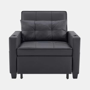 Sofá-cama individual de 1 lugar - conversível 3 em 1 com encosto reclinável, porta-copos e porta USB para espaços pequenos - Preto