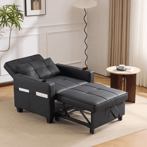 Sofá-cama individual de 1 lugar - conversível 3 em 1 com encosto reclinável, porta-copos e porta USB para espaços pequenos - Preto Sofá-cama individual de 1 lugar - conversível 3 em 1 com encosto reclinável, porta-copos e porta USB para espaços pequenos - Preto