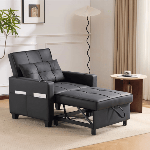 Sofá-cama individual de 1 lugar - conversível 3 em 1 com encosto reclinável, porta-copos e porta USB para espaços pequenos - Preto Sofá-cama individual de 1 lugar - conversível 3 em 1 com encosto reclinável, porta-copos e porta USB para espaços pequenos - Preto