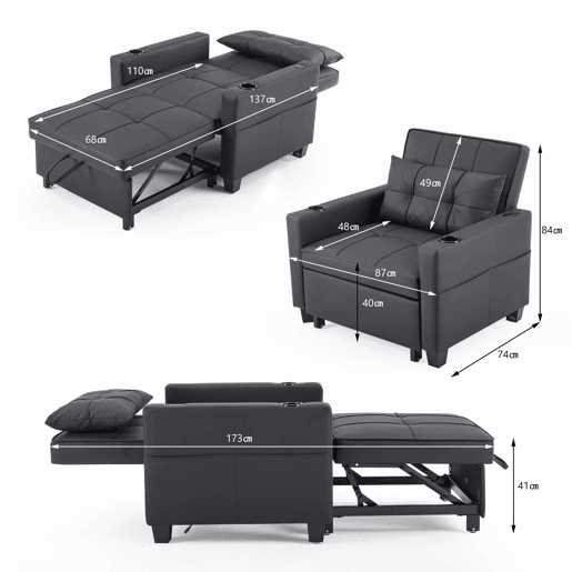 Sofá-cama individual de 1 lugar - conversível 3 em 1 com encosto reclinável, porta-copos e porta USB para espaços pequenos - Preto Sofá-cama individual de 1 lugar - conversível 3 em 1 com encosto reclinável, porta-copos e porta USB para espaços pequenos - Preto