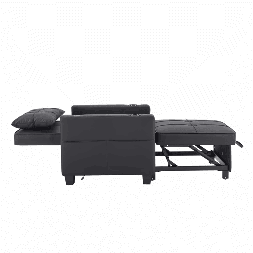 Sofá-cama individual de 1 lugar - conversível 3 em 1 com encosto reclinável, porta-copos e porta USB para espaços pequenos - Preto Sofá-cama individual de 1 lugar - conversível 3 em 1 com encosto reclinável, porta-copos e porta USB para espaços pequenos - Preto
