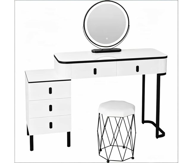Tocador con taburete de maquillaje 40x100x125 cm - elegante con cajón y escritorio multifunción - negro y blanco