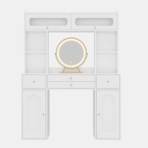 Mesa de maquilhagem com espelho LED 120×40×160 cm - 4 gavetas, 4 prateleiras abertas, 2 compartimentos de arrumação e 2 portas de vidro - Branco