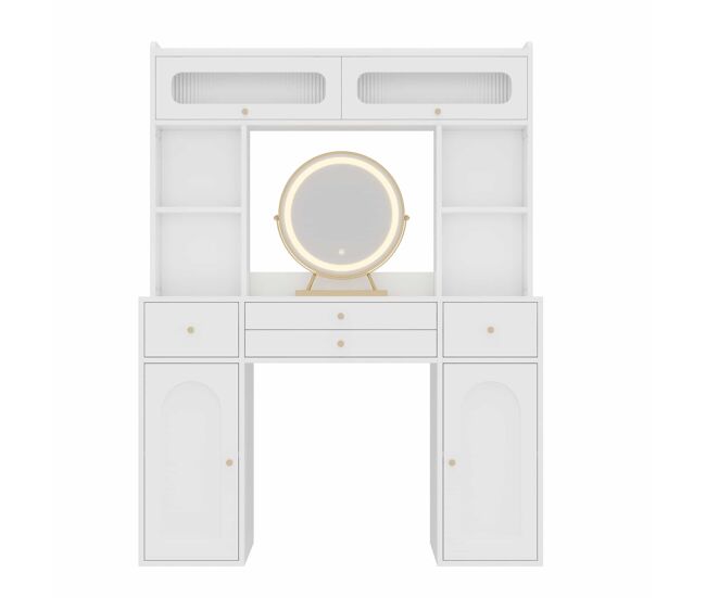 Tocador con espejo led 120×40×160 cm - 4 cajones, 4 estantes abiertos, 2 compartimentos de almacenamiento y 2 puertas de vidrio - blanco