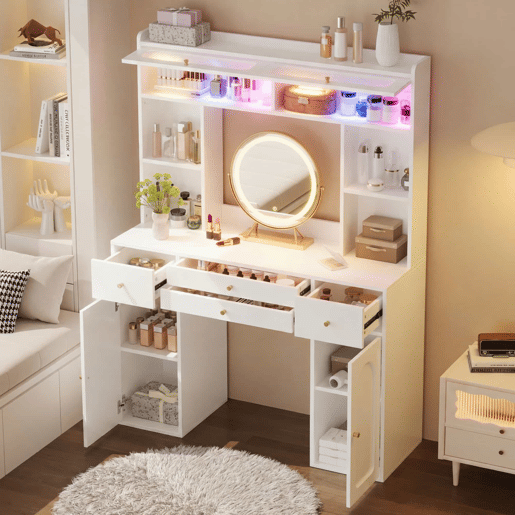 Mesa de maquilhagem com espelho LED 120×40×160 cm - 4 gavetas, 4 prateleiras abertas, 2 compartimentos de arrumação e 2 portas de vidro - Branco Mesa de maquilhagem com espelho LED 120×40×160 cm - 4 gavetas, 4 prateleiras abertas, 2 compartimentos de arrumação e 2 portas de vidro - Branco