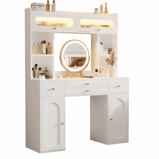 Mesa de maquilhagem com espelho LED 120×40×160 cm - 4 gavetas, 4 prateleiras abertas, 2 compartimentos de arrumação e 2 portas de vidro - Branco Mesa de maquilhagem com espelho LED 120×40×160 cm - 4 gavetas, 4 prateleiras abertas, 2 compartimentos de arrumação e 2 portas de vidro - Branco