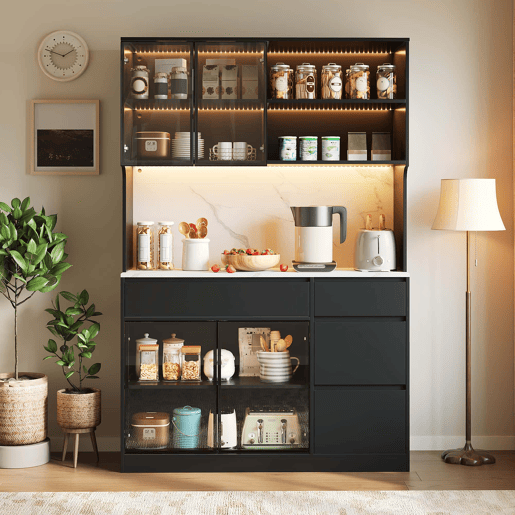 Vitrine alta com aparador - efeito mármore, vidro com iluminação LED, MDF, grande capacidade de arrumação - pretobranco Vitrine alta com aparador - efeito mármore, vidro com iluminação LED, MDF, grande capacidade de arrumação - pretobranco