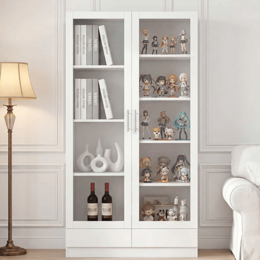 Vitrine 80×40×160 cm - com portas de vidro, 2 gavetas e armário de arrumação multifuncional - Branco Vitrine 80×40×160 cm - com portas de vidro, 2 gavetas e armário de arrumação multifuncional - Branco