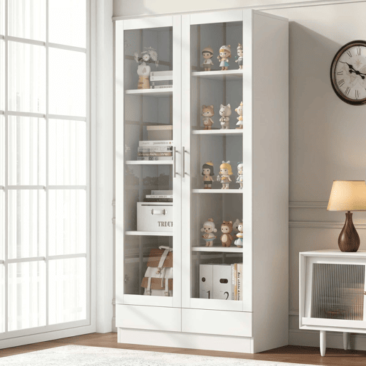 Vitrine 80×40×160 cm - com portas de vidro, 2 gavetas e armário de arrumação multifuncional - Branco Vitrine 80×40×160 cm - com portas de vidro, 2 gavetas e armário de arrumação multifuncional - Branco