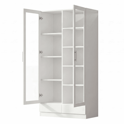 Vitrine 80×40×160 cm - com portas de vidro, 2 gavetas e armário de arrumação multifuncional - Branco Vitrine 80×40×160 cm - com portas de vidro, 2 gavetas e armário de arrumação multifuncional - Branco