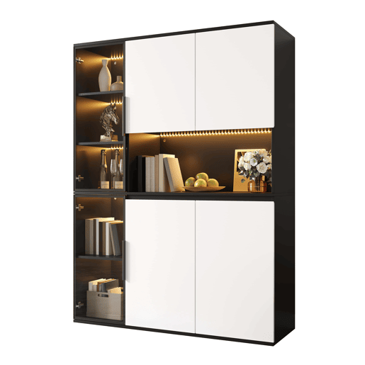 Vitrine alta sem dimensões específicas - vidro, LED, MDF, grande capacidade de arrumação - preto e branco Vitrine alta sem dimensões específicas - vidro, LED, MDF, grande capacidade de arrumação - preto e branco