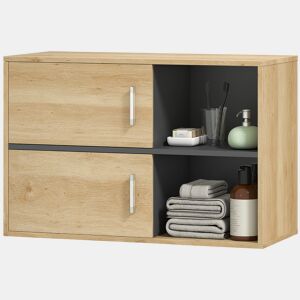 Armário de banheiro suspenso com compartimentos abertos e 2 portas, móvel moderno para banheiro, 80x35x57,5 cm, natural