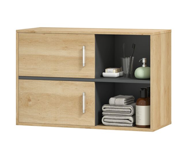 Armario de baño de pared con compartimentos abiertos y 2 puertas mueble de baño moderno 80x35x57,5 cm natural