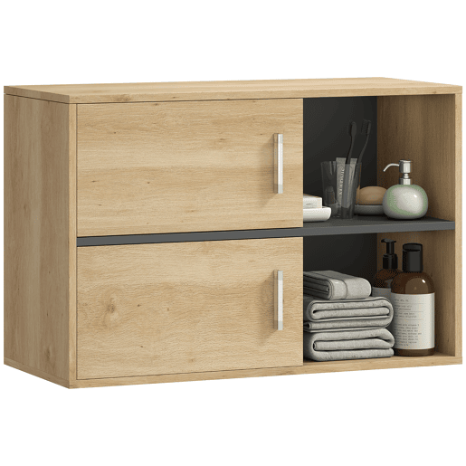 Armário de banheiro suspenso com compartimentos abertos e 2 portas, móvel moderno para banheiro, 80x35x57,5 cm, natural