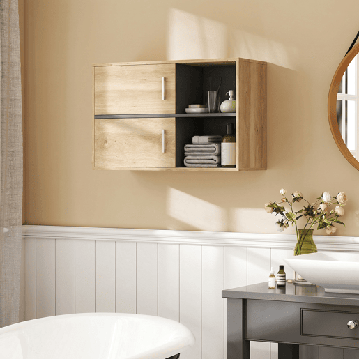 Armário de banheiro suspenso com compartimentos abertos e 2 portas, móvel moderno para banheiro, 80x35x57,5 cm, natural