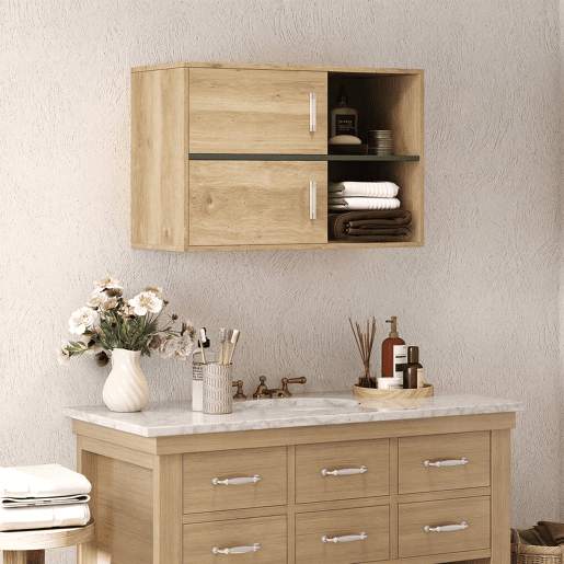 Armário de banheiro suspenso com compartimentos abertos e 2 portas, móvel moderno para banheiro, 80x35x57,5 cm, natural
