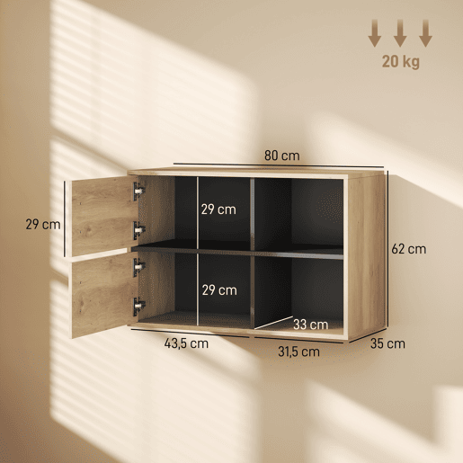 Armário de banheiro suspenso com compartimentos abertos e 2 portas, móvel moderno para banheiro, 80x35x57,5 cm, natural