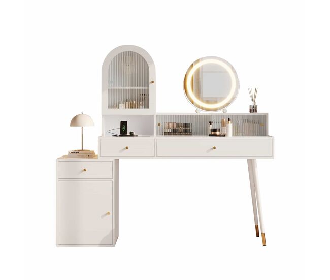 Tocador con espejo led 140x40x140 cm - diseño en l ajustable con encimera de vidrio, puertos usb y type-c, 2 enchufes - blanco