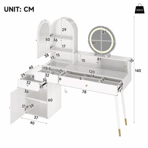 Penteadeira com espelho LED 140 x 40 x 140 cm u2014 design em L ajustável com tampo em vidro, portas USB e Type-C, 2 tomadas u2014 branco