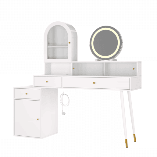 Penteadeira com espelho LED 140 x 40 x 140 cm u2014 design em L ajustável com tampo em vidro, portas USB e Type-C, 2 tomadas u2014 branco