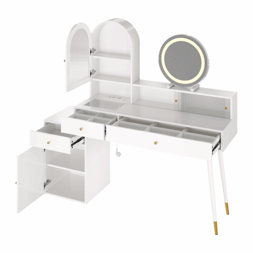 Penteadeira com espelho LED 140 x 40 x 140 cm u2014 design em L ajustável com tampo em vidro, portas USB e Type-C, 2 tomadas u2014 branco