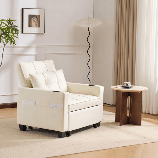 Sofá-cama individual - 3 em 1 com função reclinável, porta-copos e porta USB para espaços pequenos - Branco Sofá-cama individual - 3 em 1 com função reclinável, porta-copos e porta USB para espaços pequenos - Branco