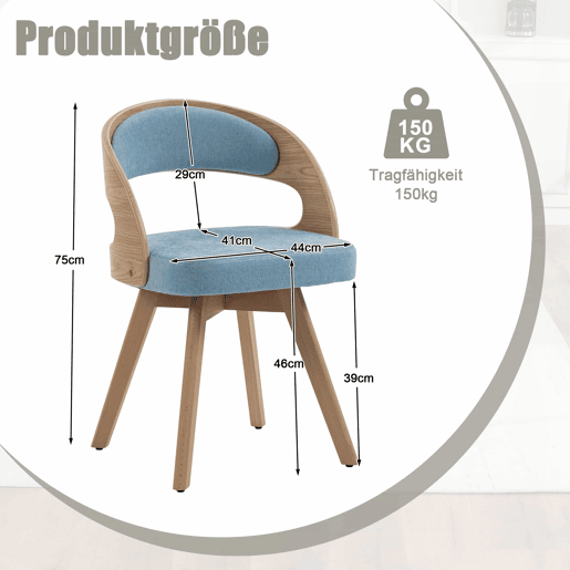 Conjunto de 2 cadeiras de jantar + 41 cm - estilo moderno com assentos giratórios, almofadas de linho e encosto curvo - azul linho